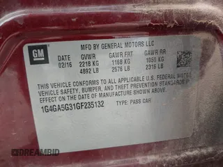 2016 Buick LaCrosse with VIN 1G4GA5G31GF235132, listed as a IAAI auction lot 42399527 with 116,059 mi miles and . Bid and sale history available at DreamBid. Image 9.