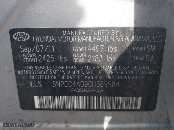 2012 Hyundai Sonata 2.0T SE with VIN 5NPEC4AB9CH369984, listed as a IAAI auction lot 42087247 with 110,409 mi miles. Bid and sale history available at carsss.com. Image 9.