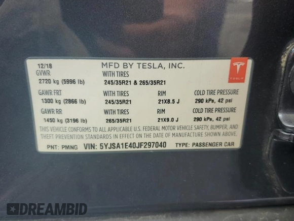 2018 Tesla Model S 75D with VIN 5YJSA1E40JF297040, listed as a Copart auction lot 57997045 with 113,503 mi miles and Salvage title. Bid and sale history available at DreamBid. Image 12.