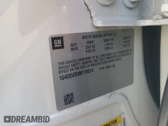 2011 Buick LaCrosse CXS with VIN 1G4GE5ED9BF175514, listed as a Copart auction lot 59214875 with 118,828 mi miles and Salvage title. Bid and sale history available at DreamBid. Image 12.