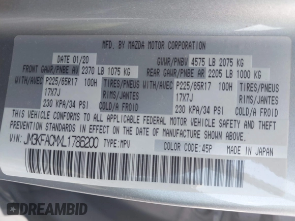 2020 Mazda CX-5 Touring with VIN JM3KFACMXL1786200, listed as a IAAI auction lot 41506139 with 121,944 mi miles. Bid and sale history available at carsss.com. Image 9.