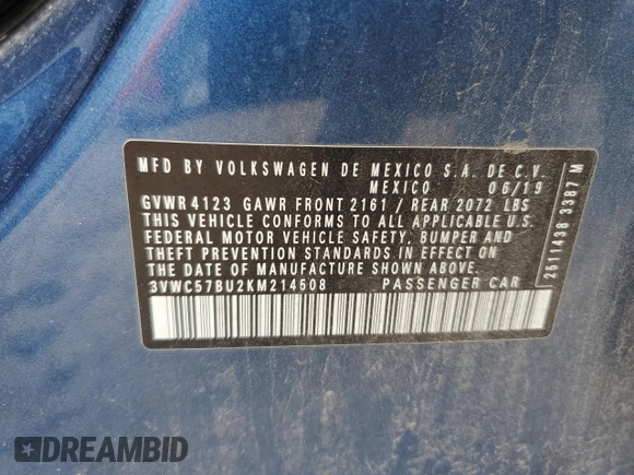 2019 Volkswagen Jetta S with VIN 3VWC57BU2KM214508, listed as a Copart auction lot 57969995 with 30,717 mi miles and Salvage title. Bid and sale history available at DreamBid. Image 12.