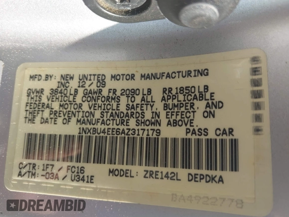 2010 Toyota Corolla с VIN 1NXBU4EE6AZ317179, выставлен на аукционе IAAI как лот 42381638 с пробегом 306 258 миль миль и . История ставок и продаж доступна на DreamBid. Изображение 9.