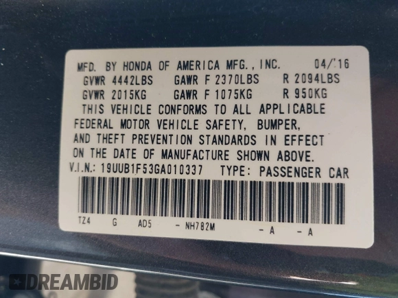 2016 Acura TLX Technology with VIN 19UUB1F53GA010337, listed as a IAAI auction lot 41209763 with 104,425 mi miles and . Bid and sale history available at DreamBid. Image 9.