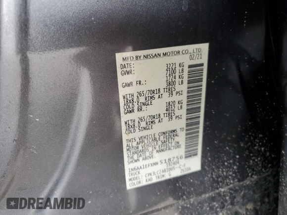 2021 Nissan Titan SV z VIN 1N6AA1EFXMN518756, wystawiony jako Copart lot #44969775 z przebiegiem 101 589 mil mil oraz Szkoda całkowita • Salvage title. Historia ofert i sprzedaży dostępna na DreamBid. Obrazek 12.