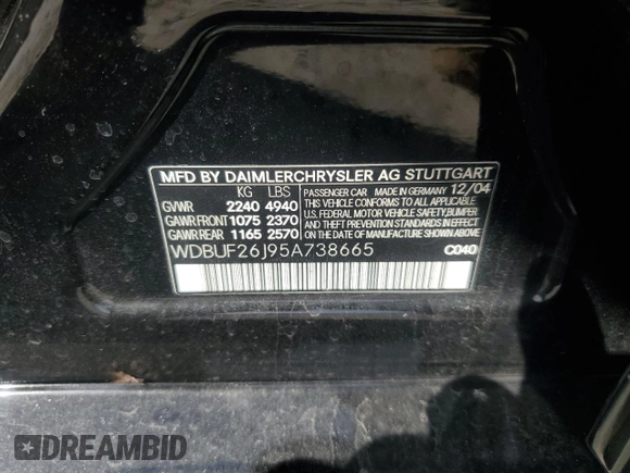 2005 Mercedes-Benz E-Class 3.2L CDI with VIN WDBUF26J95A738665, listed as a Copart auction lot 48203845 with 246,035 mi miles and Salvage Title. Bid and sale history available at carsss.com. Image 12.