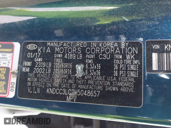 2017 Kia Niro Touring Launch Edition with VIN KNDCC3LC2H5048657, listed as a IAAI auction lot 41736127 with 190,828 mi miles. Bid and sale history available at carsss.com. Image 9.