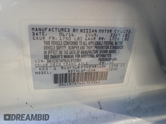 2016 Nissan Versa SV with VIN 3N1CN7AP6GL912361, listed as a Copart auction lot 48826275 with 55,305 mi miles and Salvage Title. Bid and sale history available at carsss.com. Image 12.