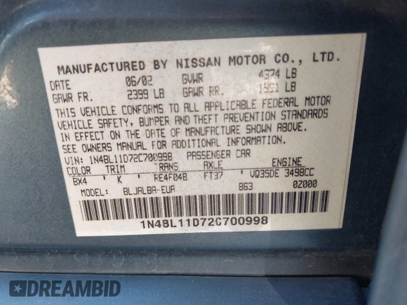 2002 Nissan Altima SE with VIN 1N4BL11D72C700998, listed as a IAAI auction lot 41369017 with 117,148 mi miles. Bid and sale history available at carsss.com. Image 9.