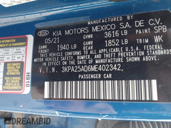 2021 Kia Rio S with VIN 3KPA25AD6ME402342, listed as a IAAI auction lot 41962804 with 41,197 mi miles and . Bid and sale history available at DreamBid. Image 9.