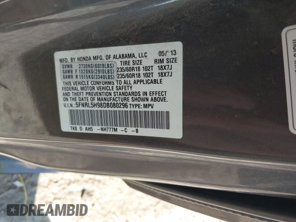 2013 Honda Odyssey Touring with VIN 5FNRL5H98DB080296, listed as a IAAI auction lot 42461843 with 104,901 mi miles and . Bid and sale history available at DreamBid. Image 9.