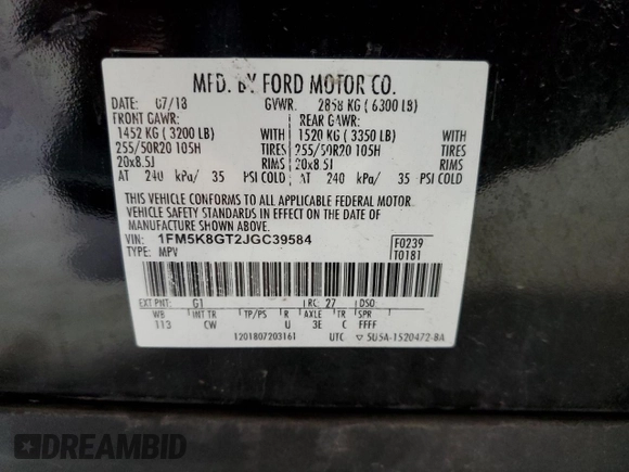 2018 Ford Explorer Sport with VIN 1FM5K8GT2JGC39584, listed as a Copart auction lot 58069825 with 113,836 mi miles and Salvage title. Bid and sale history available at DreamBid. Image 13.