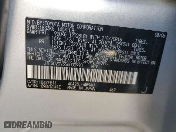 2005 Toyota RAV4 with VIN JTEGD20V356000990, listed as a Copart auction lot 47521455 with 184,351 mi miles and Clean Title. Bid and sale history available at carsss.com. Image 14.