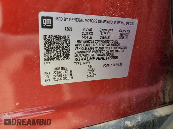 2022 GMC Terrain SLE with VIN 3GKALMEV6NL146666, listed as a Copart auction lot 59292295 with 99,685 mi miles and Salvage title. Bid and sale history available at DreamBid. Image 12.