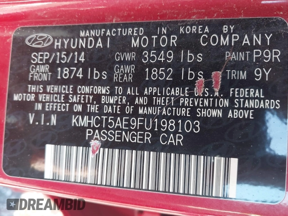 2015 Hyundai Accent GS with VIN KMHCT5AE9FU198103, listed as a IAAI auction lot 41876046 with 84,485 mi miles. Bid and sale history available at carsss.com. Image 9.