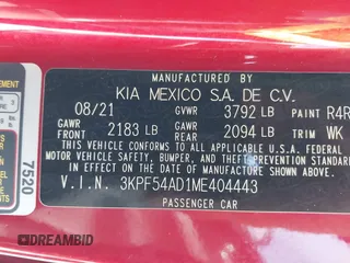 2021 Kia Forte EX with VIN 3KPF54AD1ME404443, listed as a IAAI auction lot 40952314 with 108,035 mi miles and . Bid and sale history available at DreamBid. Image 9.