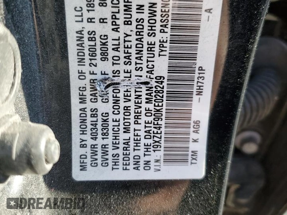 2019 Honda Insight Touring with VIN 19XZE4F90KE028249, listed as a Copart auction lot 49175905 with 112,165 mi miles and Salvage Title. Bid and sale history available at carsss.com. Image 13.
