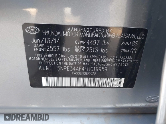 2015 Hyundai Sonata 2.4L Sport with VIN 5NPE34AF4FH019959, listed as a IAAI auction lot 41020000 with 129,535 mi miles. Bid and sale history available at carsss.com. Image 9.
