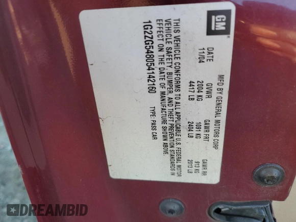 2005 Pontiac G6 with VIN 1G2ZG548054142160, listed as a Copart auction lot 83626254 with 0 mi miles and Salvage Title. Bid and sale history available at carsss.com. Image 14.
