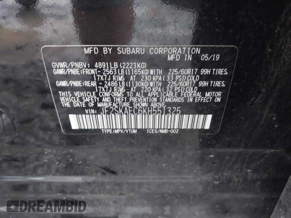 2019 Subaru Forester Premium with VIN JF2SKAEC6KH551325, listed as a IAAI auction lot 41623331 with 88,727 mi miles. Bid and sale history available at carsss.com. Image 9.