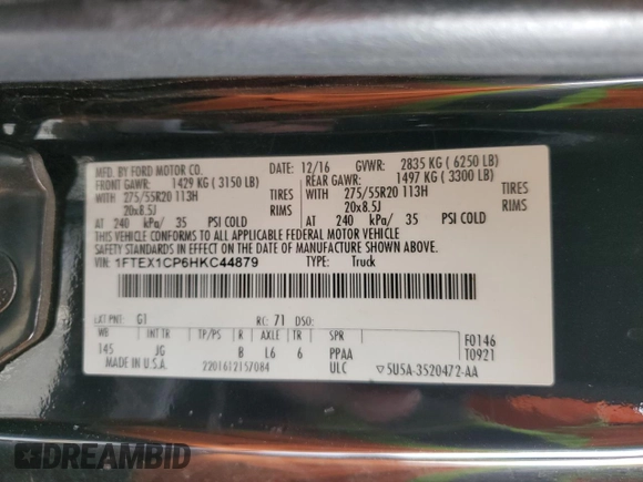 2017 Ford F-150 XL with VIN 1FTEX1CP6HKC44879, listed as a Copart auction lot 42046395 with 131,386 mi miles and Salvage title. Bid and sale history available at DreamBid. Image 12.