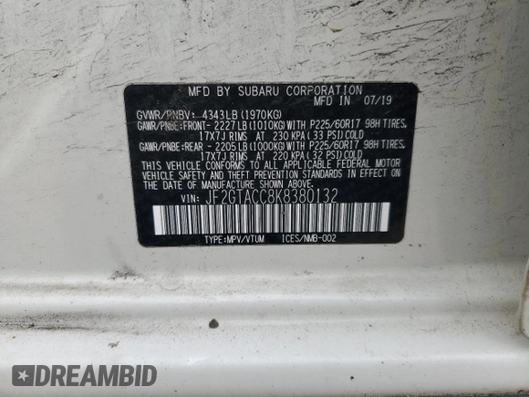 2019 Subaru Crosstrek Premium with VIN JF2GTACC8K8380132, listed as a Copart auction lot 57652785 with 92,051 mi miles and Salvage title. Bid and sale history available at DreamBid. Image 12.