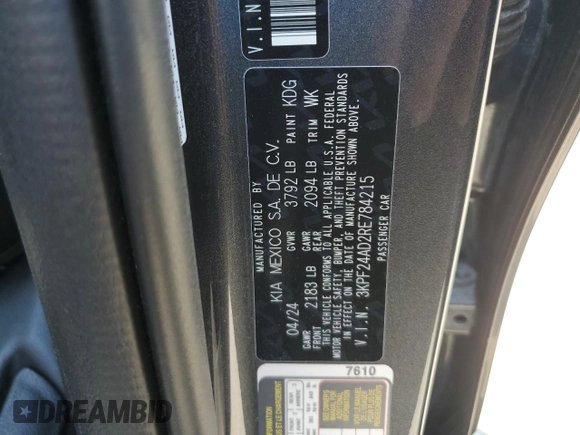 2024 Kia Forte LXS with VIN 3KPF24AD2RE784215, listed as a Copart auction lot 51865775 with 28,967 mi miles and Clean Title. Bid and sale history available at carsss.com. Image 12.