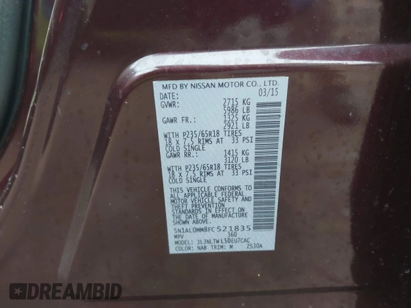 2015 Infiniti QX60 with VIN 5N1AL0MM8FC521835, listed as a IAAI auction lot 41684258 with 100,266 mi miles. Bid and sale history available at carsss.com. Image 9.