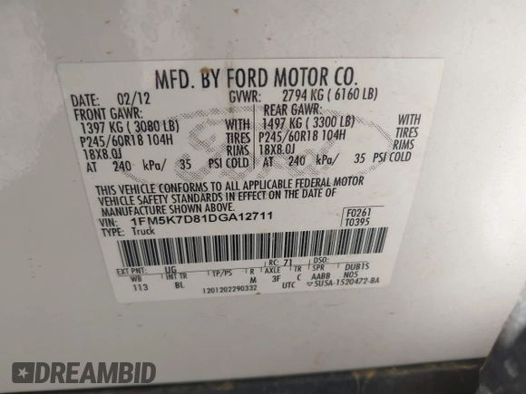 2013 Ford Explorer XLT with VIN 1FM5K7D81DGA12711, listed as a IAAI auction lot 42225281 with 150,866 mi miles and . Bid and sale history available at DreamBid. Image 9.