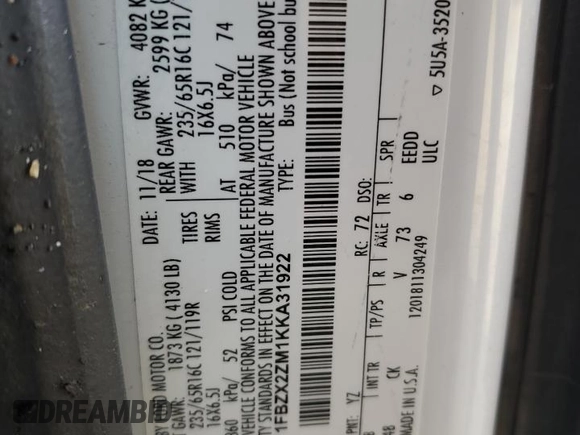 2019 Ford Transit Passenger XL with VIN 1FBZX2ZM1KKA31922, listed as a Copart auction lot 48793945 with 156,062 mi miles and Salvage Title. Bid and sale history available at carsss.com. Image 16.