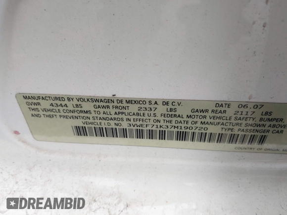 2007 Volkswagen Jetta Wolfsburg Edition with VIN 3VWEF71K37M190720, listed as a IAAI auction lot 42435092 with Not provided miles and . Bid and sale history available at DreamBid. Image 9.