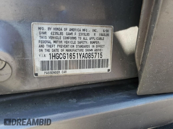 2000 Honda Accord EX с VIN 1HGCG1651YA085715, выставлен на аукционе Copart как лот 56040745 с пробегом 316 369 миль миль и Списание • Salvage title. История ставок и продаж доступна на DreamBid. Изображение 12.