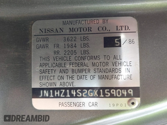 1986 Nissan 300ZX с VIN JN1HZ14S2GX159049, выставлен на аукционе IAAI как лот 42505867 с пробегом 122 330 миль миль и . История ставок и продаж доступна на DreamBid. Изображение 9.