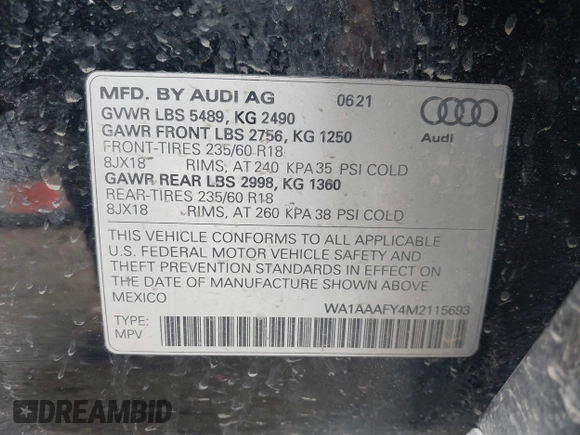 2021 Audi Q5 Premium with VIN WA1AAAFY4M2115693, listed as a IAAI auction lot 41585243 with 67,049 mi miles. Bid and sale history available at carsss.com. Image 9.