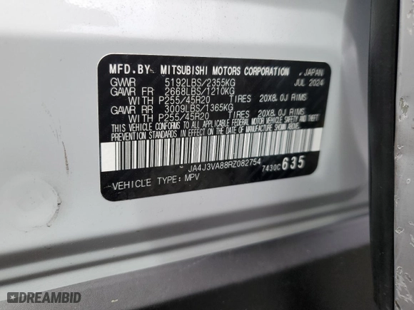 2024 Mitsubishi Outlander SE with VIN JA4J3VA88RZ082754, listed as a Copart auction lot 48505835 with 8,063 mi miles and Non Repairable. Bid and sale history available at carsss.com. Image 14.