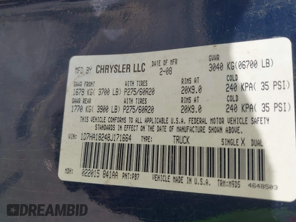 2008 Dodge 1500 SLT с VIN 1D7HA18248J171664, выставлен на аукционе IAAI как лот 42090593 с пробегом 238 001 миль миль и . История ставок и продаж доступна на DreamBid. Изображение 9.