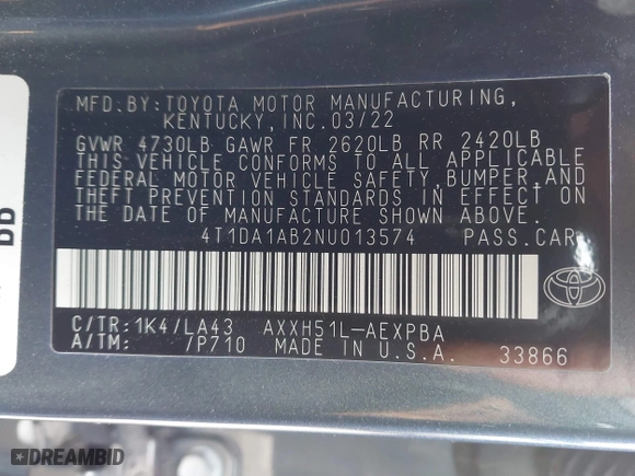 2022 Toyota Avalon Hybrid Limited with VIN 4T1DA1AB2NU013574, listed as a IAAI auction lot 41357973 with 24,475 mi miles. Bid and sale history available at carsss.com. Image 9.