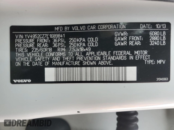 2014 Volvo XC90 with VIN YV4952CZ7E1689841, listed as a Copart auction lot 43952565 with 99,977 mi miles and Salvage Title. Bid and sale history available at carsss.com. Image 13.