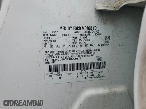 2009 Lincoln MKX with VIN 2LMDU68C99BJ09673, listed as a Copart auction lot 86646834 with 121,835 mi miles and Salvage Title. Bid and sale history available at DreamBid. Image 12.