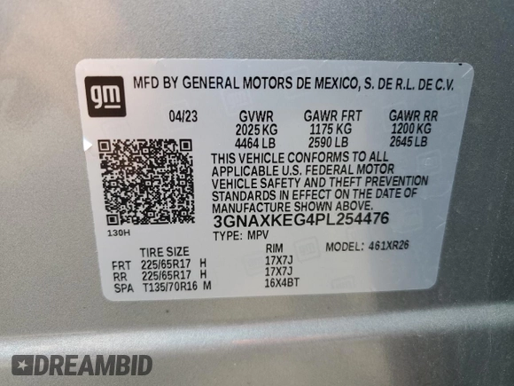 2023 Chevrolet Equinox LT with VIN 3GNAXKEG4PL254476, listed as a Copart auction lot 59874205 with 45,399 mi miles and Non repairable. Bid and sale history available at DreamBid. Image 14.