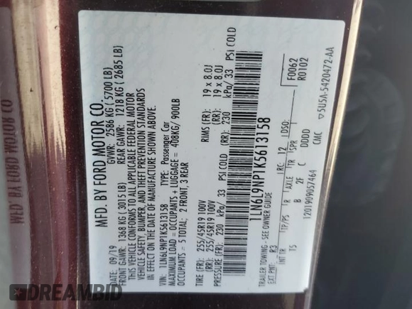 2019 Lincoln Continental Reserve z VIN 1LN6L9NP1K5613158, wystawiony jako Copart lot #48757115 z przebiegiem 102 379 mil mil oraz Szkoda całkowita • Salvage title. Historia ofert i sprzedaży dostępna na DreamBid. Obrazek 13.