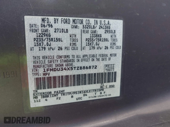 1996 Ford Explorer XL with VIN 1FMDU34X5TZB86872, listed as a IAAI auction lot 42573906 with 118,304 mi miles and . Bid and sale history available at DreamBid. Image 9.