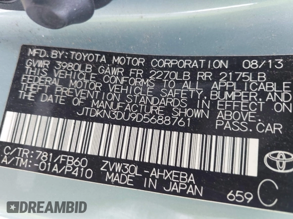 2013 Toyota Prius One z VIN JTDKN3DU9D5688761, wystawiony jako IAAI lot #42321117 z przebiegiem 176 532 mil mil oraz . Historia ofert i sprzedaży dostępna na DreamBid. Obrazek 9.