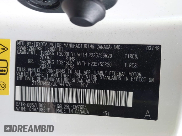 2018 Lexus RX 350 with VIN 2T2BZMCA7JC144576, listed as a IAAI auction lot 41811166 with 127,548 mi miles and . Bid and sale history available at DreamBid. Image 9.