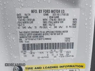 2014 Ford F-150 XL with VIN 1FTFW1CT3EFC39602, listed as a IAAI auction lot 42340659 with 61,464 mi miles and . Bid and sale history available at DreamBid. Image 9.