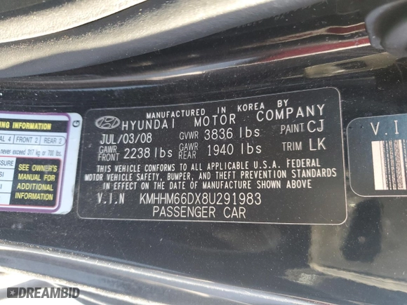 2008 Hyundai Tiburon GS with VIN KMHHM66DX8U291983, listed as a Copart auction lot 74586874 with 111,572 mi miles and Salvage Title. Bid and sale history available at carsss.com. Image 12.