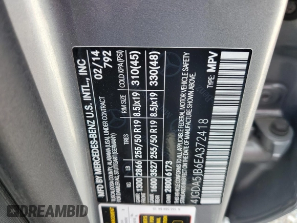 2014 Mercedes-Benz M 350 with VIN 4JGDA5JB6EA372418, listed as a Copart auction lot 60975265 with 134,387 mi miles and Salvage title. Bid and sale history available at DreamBid. Image 13.