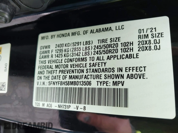 2021 Honda Passport EX-L с VIN 5FNYF8H58MB013506, выставлен на аукционе IAAI как лот 42256449 с пробегом 36 828 миль миль и . История ставок и продаж доступна на DreamBid. Изображение 9.