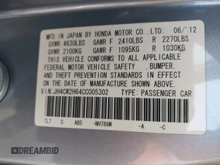 2012 Acura TSX Technology with VIN JH4CW2H64CC005302, listed as a IAAI auction lot 41905598 with 64,471 mi miles and . Bid and sale history available at DreamBid. Image 9.