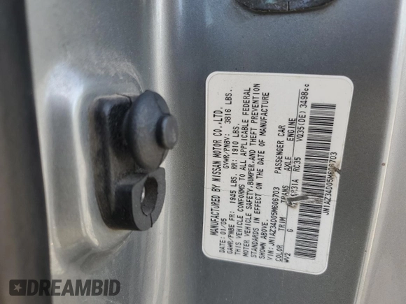 2005 Nissan 350Z with VIN JN1AZ34D05M606703, listed as a Copart auction lot 69631414 with 133,519 mi miles and Salvage Title. Bid and sale history available at DreamBid. Image 15.